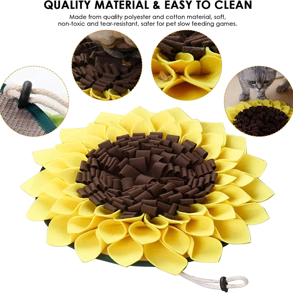 Yellow sunflower-shaped dog snuffle mat with fleece petals for treat hiding and slow feeding
