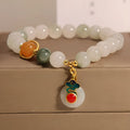 Ice jade bracelet for women with pearl charm and jade buckle in Chinese retro style.