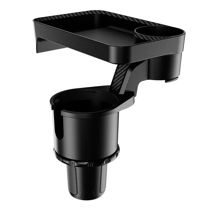 Black ABS plastic car cup holder with 360-degree rotating dinner plate on vehicle dashboard