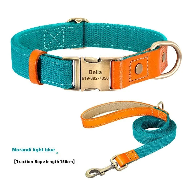 Small dog neck collar and traction rope set in mo landi green with mohair neck ring.