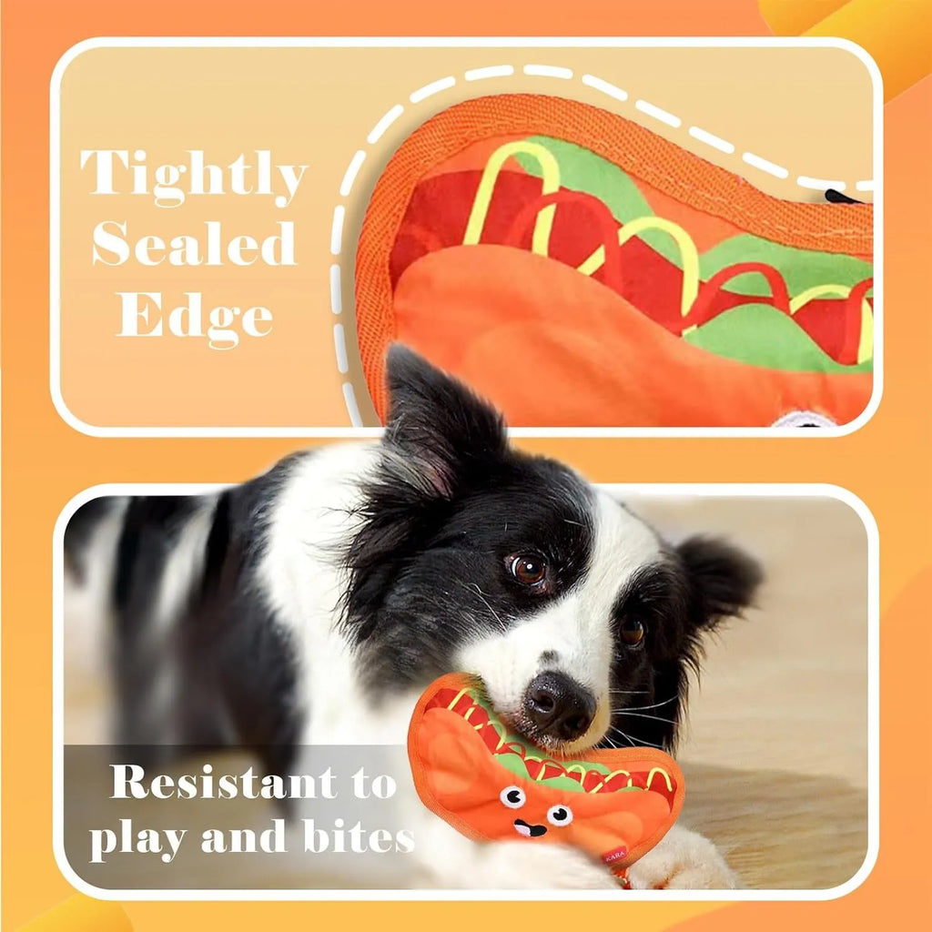 A set of four colourful crinkle and squeak dog toys shaped like a burger, fries, a hot dog, and a pizza.