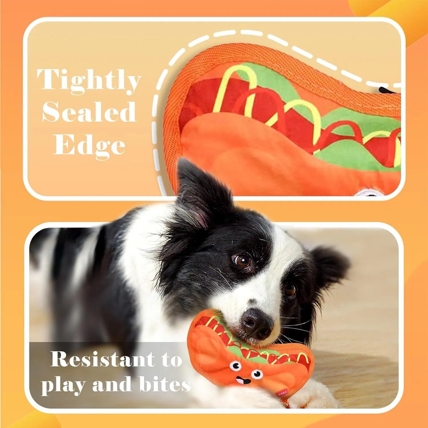 A set of four colourful crinkle and squeak dog toys shaped like a burger, fries, a hot dog, and a pizza.