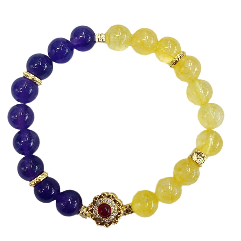 Handmade women's yellow and purple amethyst crystal bracelet with handcrafted details