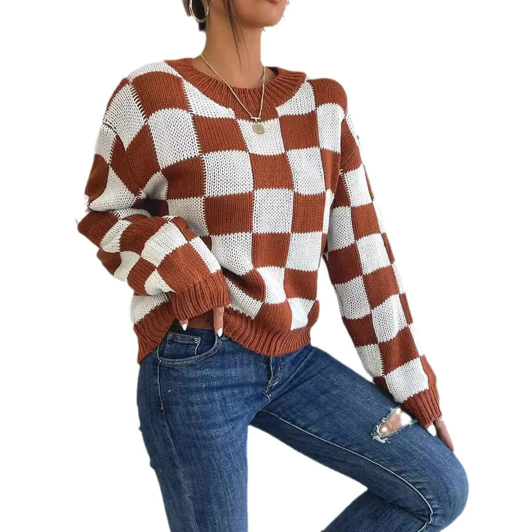 Dark brown acrylic plaid sweater with chessboard pattern, loose fit round neck, long sleeves