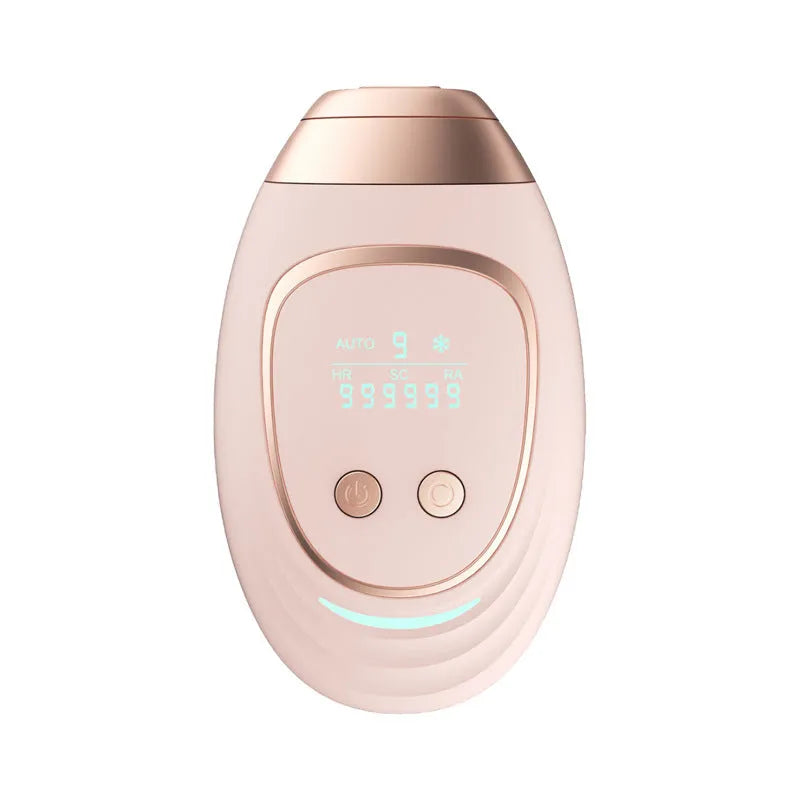 Pink and white ice-sensing laser hair removal device with shaver attachment and protective glasses