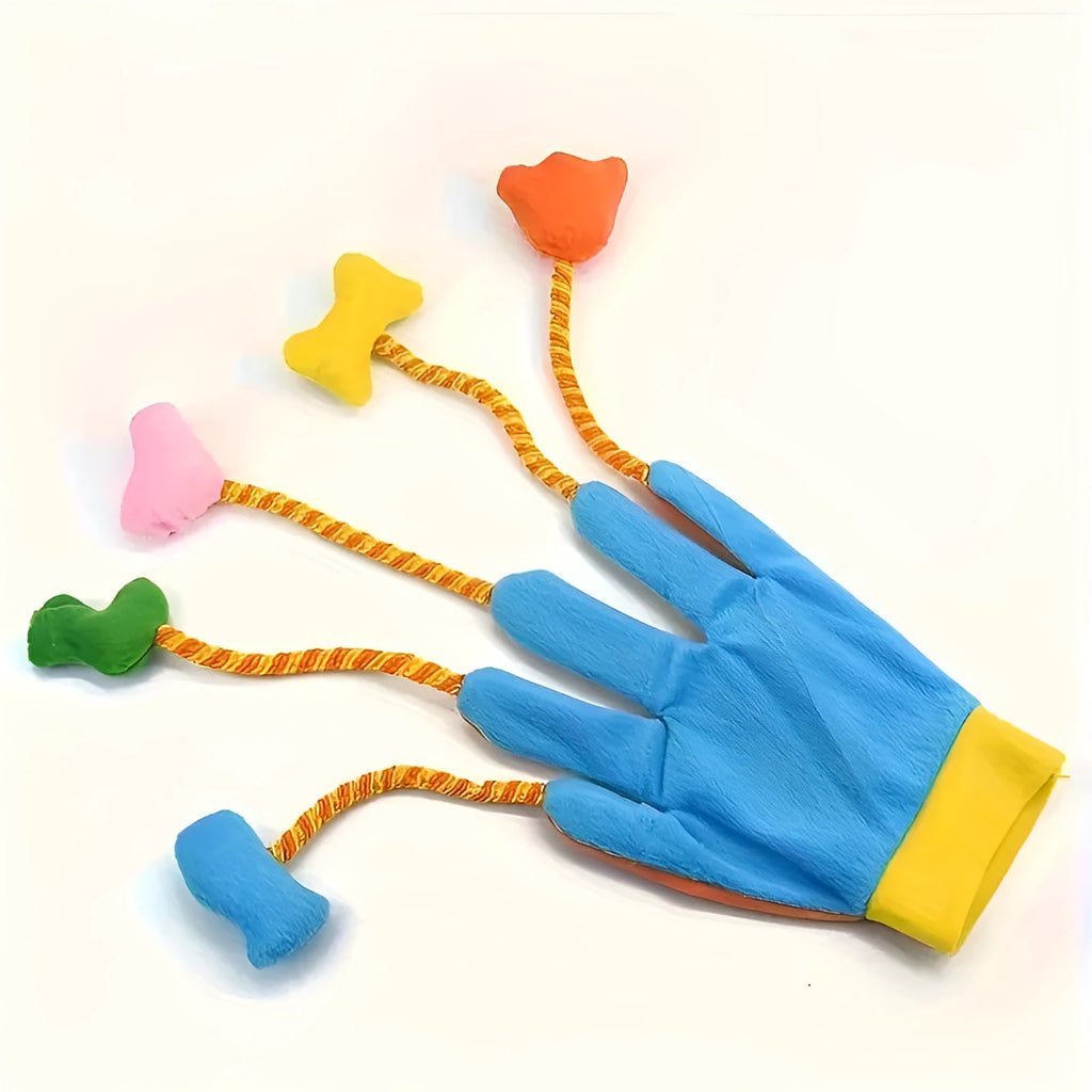 Yellow and blue plush cat toy with bell, 40cm long with trailer attachment