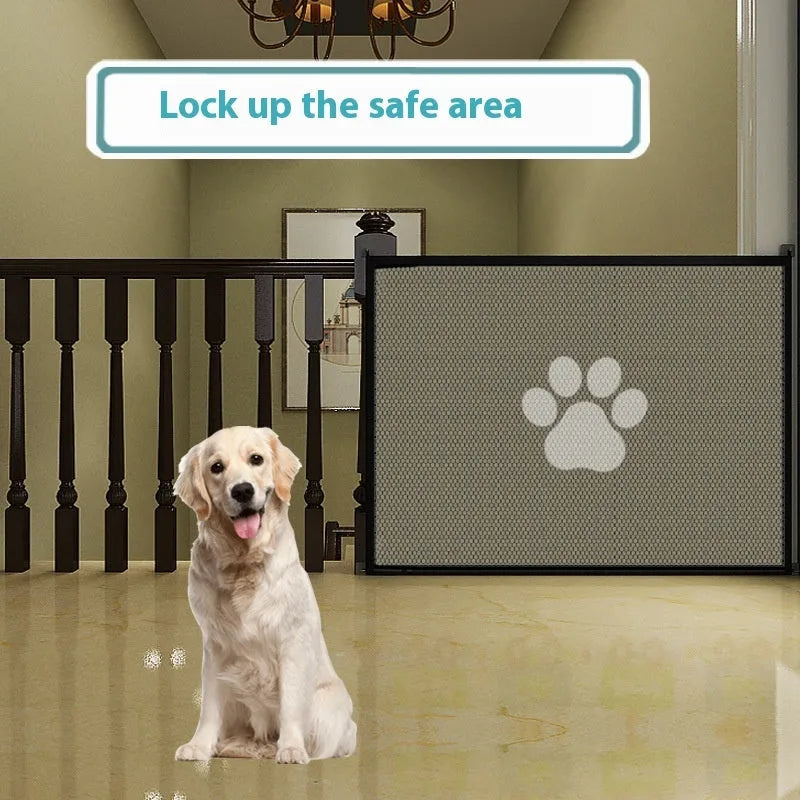 Folding dog barrier safety net with dog footprint design in doorway