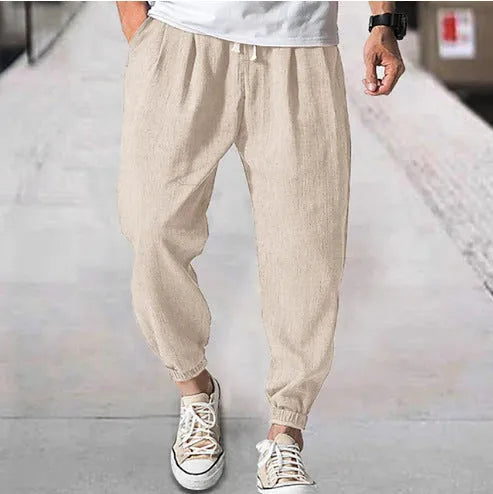 Men's loose cotton casual trousers with banded ankles in light green colour