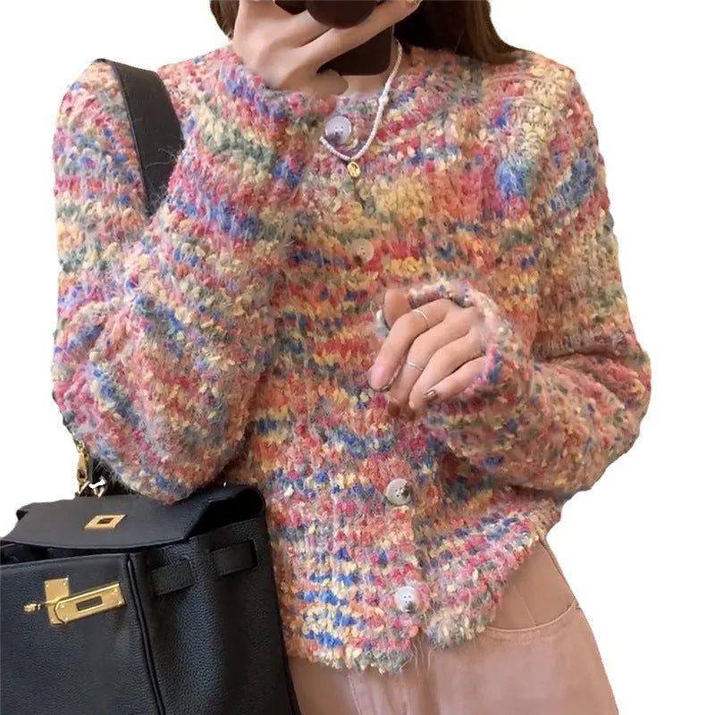 Retro style knitted rainbow cardigan sweater in pink or green colour with toothbrush hair fabric texture