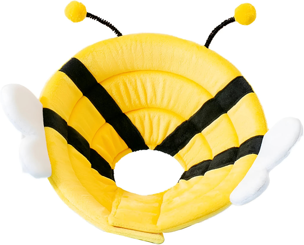Soft cat recovery cone collar with bee design and velcro strap.