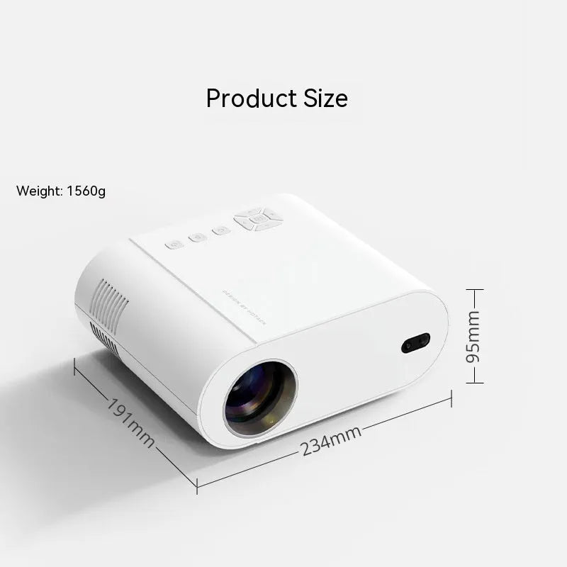 White Full HD smart projector with remote control showing 1080p resolution and 320 ANSI lumen brightness