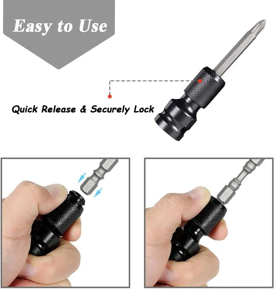 Scaling bit holder socket extension tool with telescopic sleeve on a workbench.