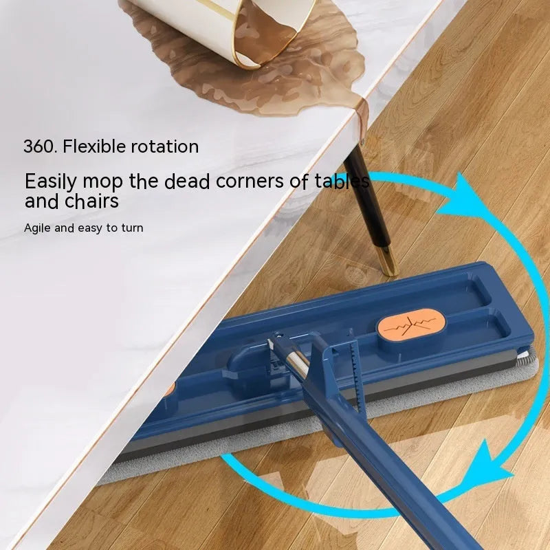 Large flat mop with rotating blue head on stainless steel handle next to white and blue cloths