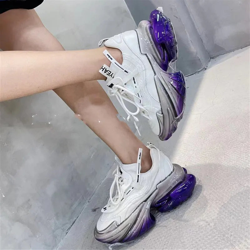 Women's leather sports shoes with thick jelly soles and cross-tie design in multiple colours