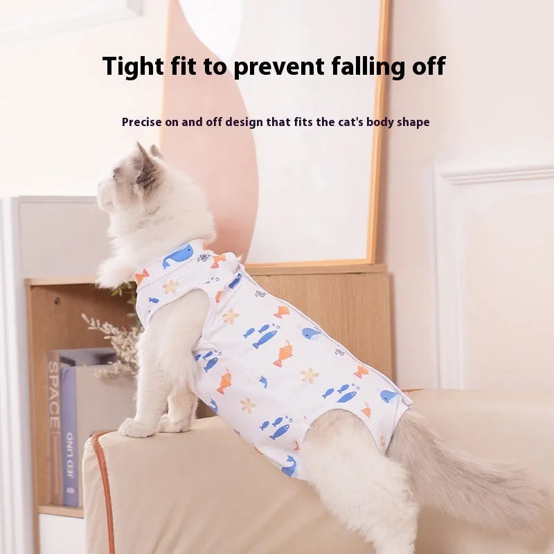 Cat wearing a post-operative sterilisation recovery suit with Velcro fastening and a printed pattern.