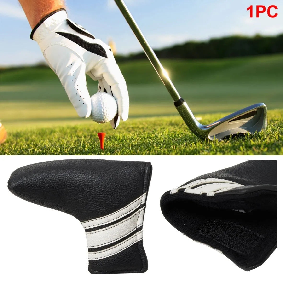 Black PU leather golf club head cover with matching push rod sleeve case