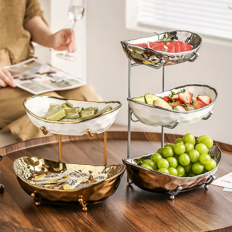 Multi-layer porcelain fruit tray with gold or silver electroplated stone texture frame, shown in double or triple tier.