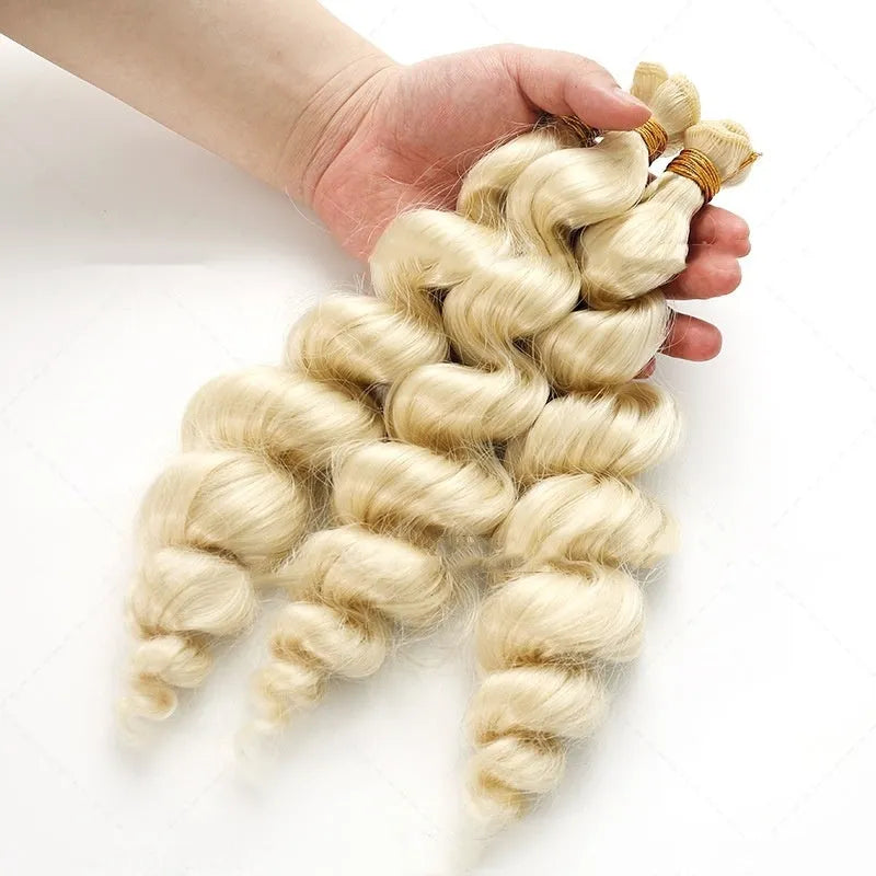 Golden synthetic hair weft wig for women in three length options.