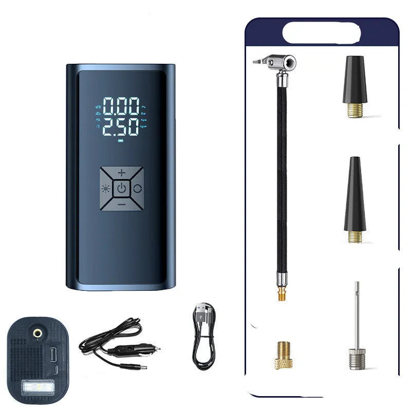Digital display car tyre pump with LED light and USB port for wireless inflation