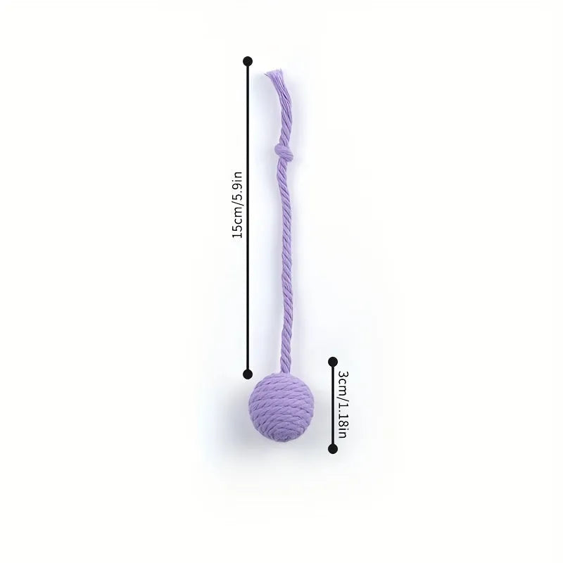 Colourful cat toy ball with a rope and built-in bell for interactive kitten play.