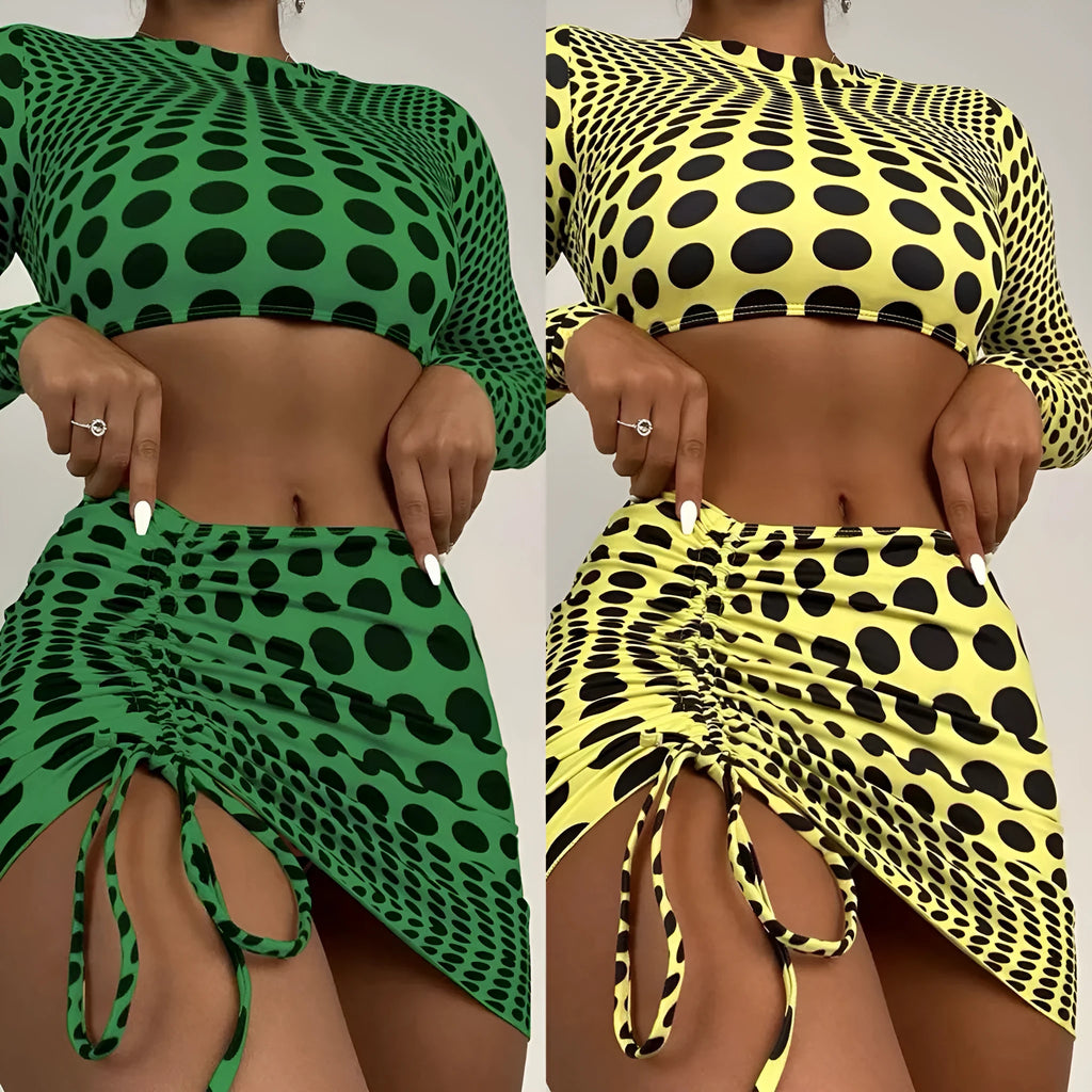 Women's polka dot swimsuit three-piece set in green colour with bra, top, and skirt