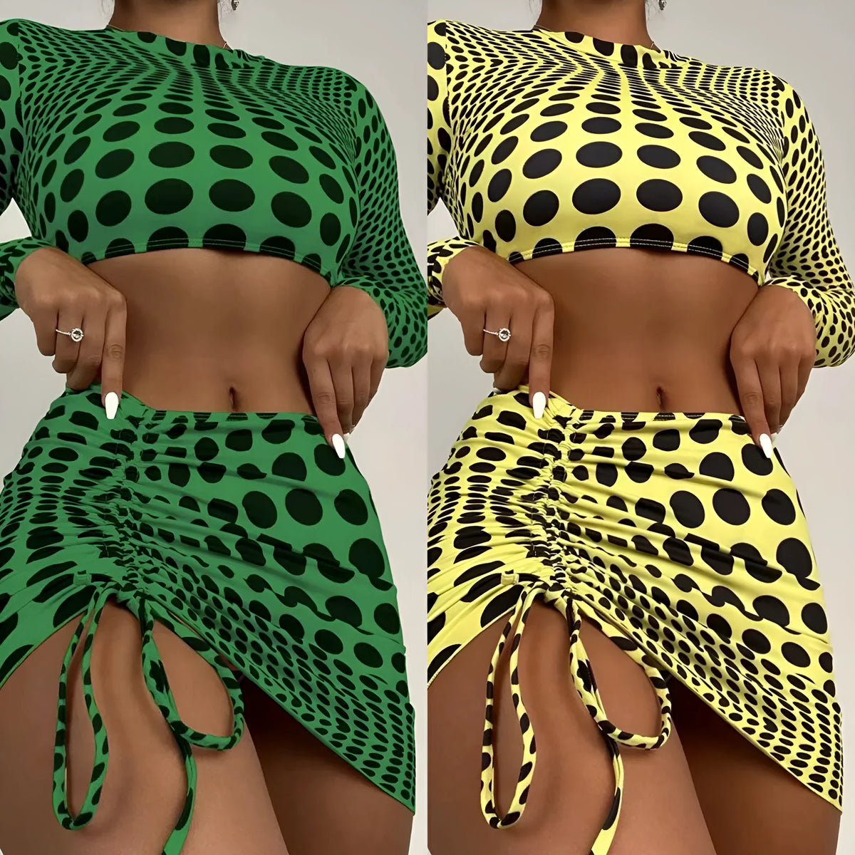 Women's polka dot swimsuit three-piece set in green colour with bra, top, and skirt