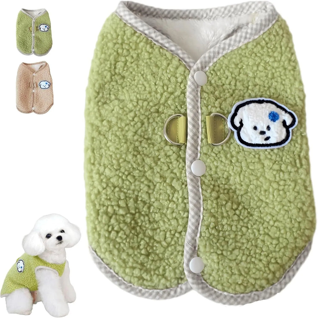 Green coral fleece dog sweatshirt vest with leash ring for small pets in autumn winter