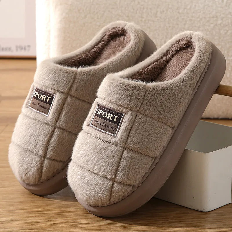 Men's grey and brown plaid winter slippers with rabbit hair upper and thick sole.