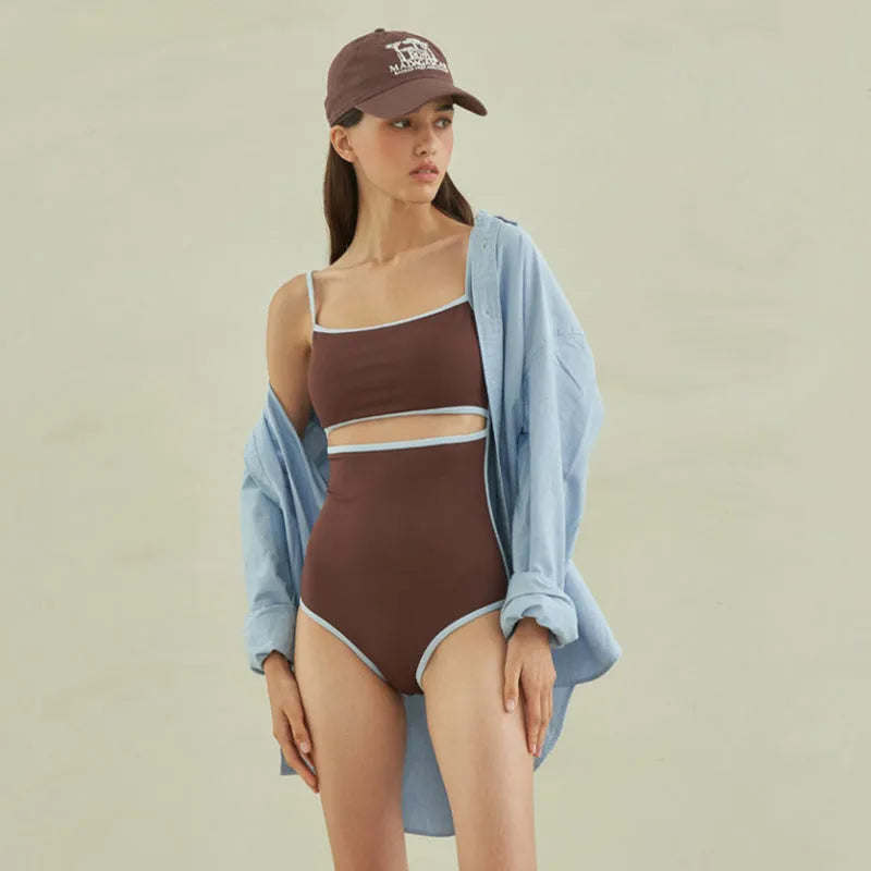 Brown triangle one-piece swimsuit for women with nylon fabric construction
