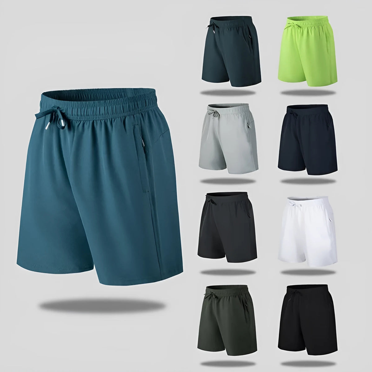 Men's loose-fitting quick-dry beach shorts in polyester ice silk fabric, shown in multiple colour options.