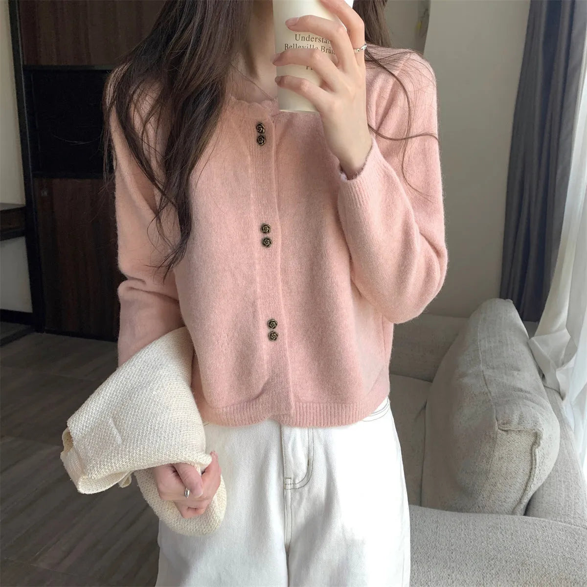 Women's long sleeved acrylic cardigan coat in light purple, free size.