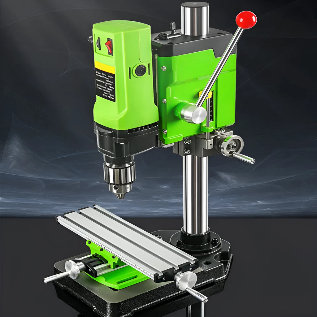 Mini bench drill and milling machine on a workbench with cross bench pliers.