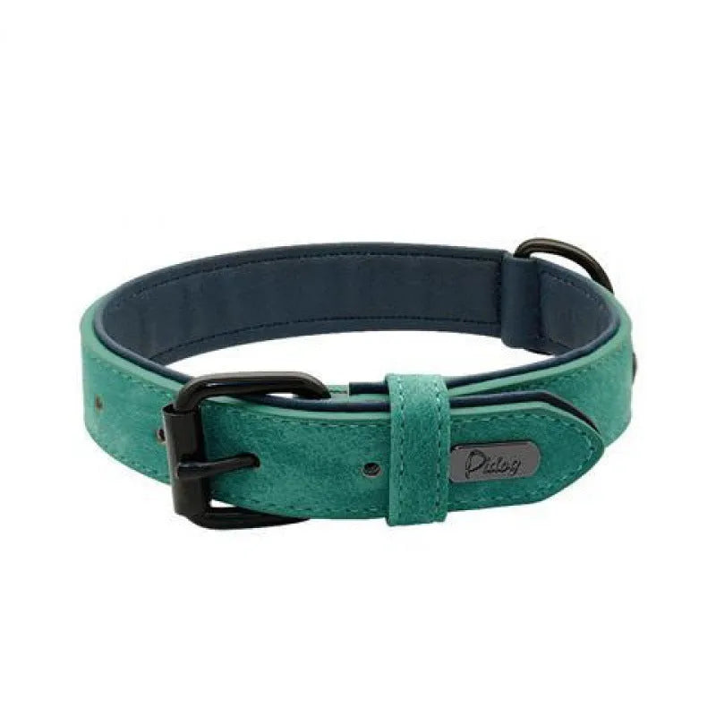 Adjustable dog collar showing purple colour, with PU front and microfiber back, demonstrating the double-layer thickened construction.