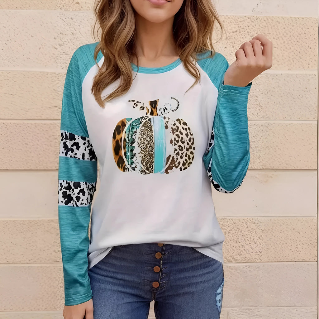Halloween pumpkin 3D digital printing white T-shirt in sky blue with long sleeves