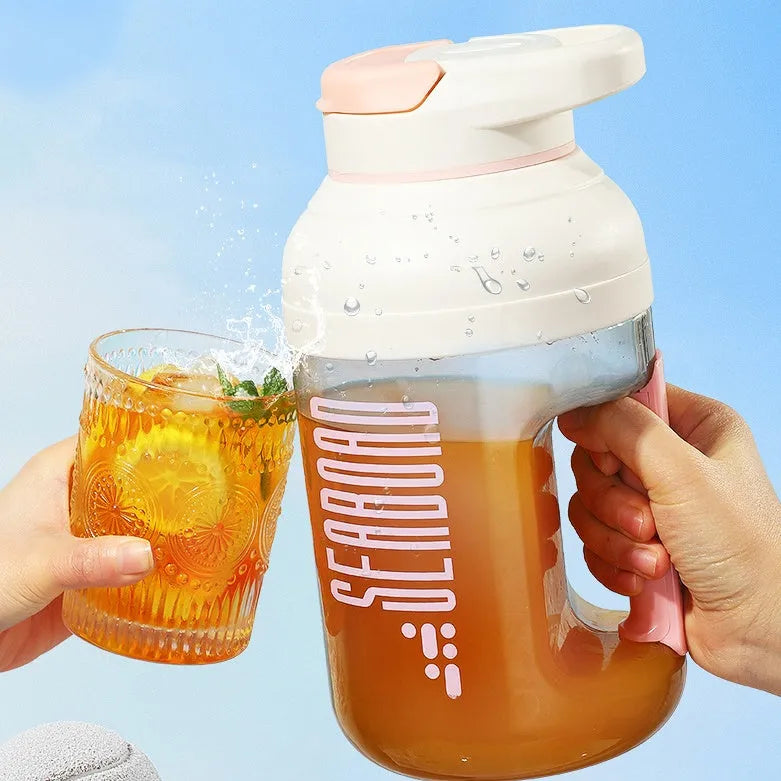 Electric portable juicer with 1500ml juice cup, 80W motor, plastic body, and PC food grade liner, shown in pink, grey, green, or orange.