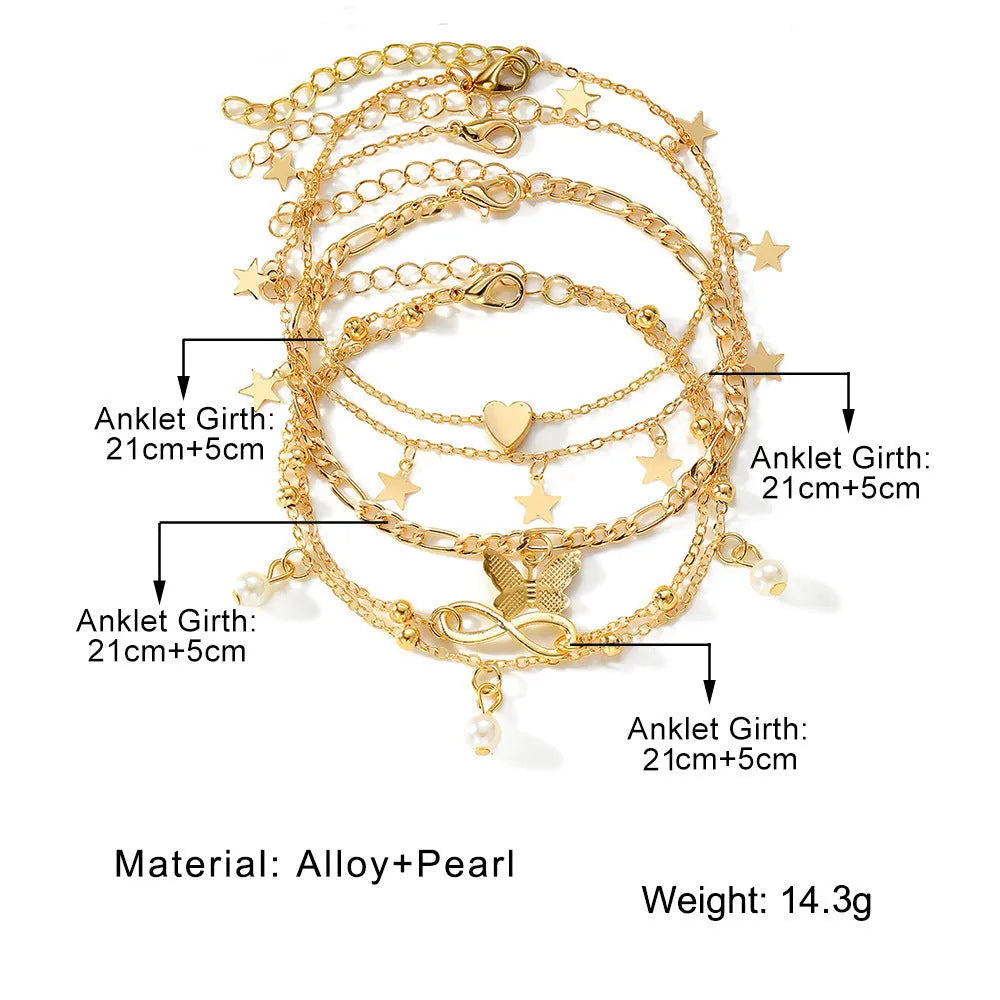 Four-piece butterfly pearl heart anklet set with alloy multi-layered foot chain jewellery