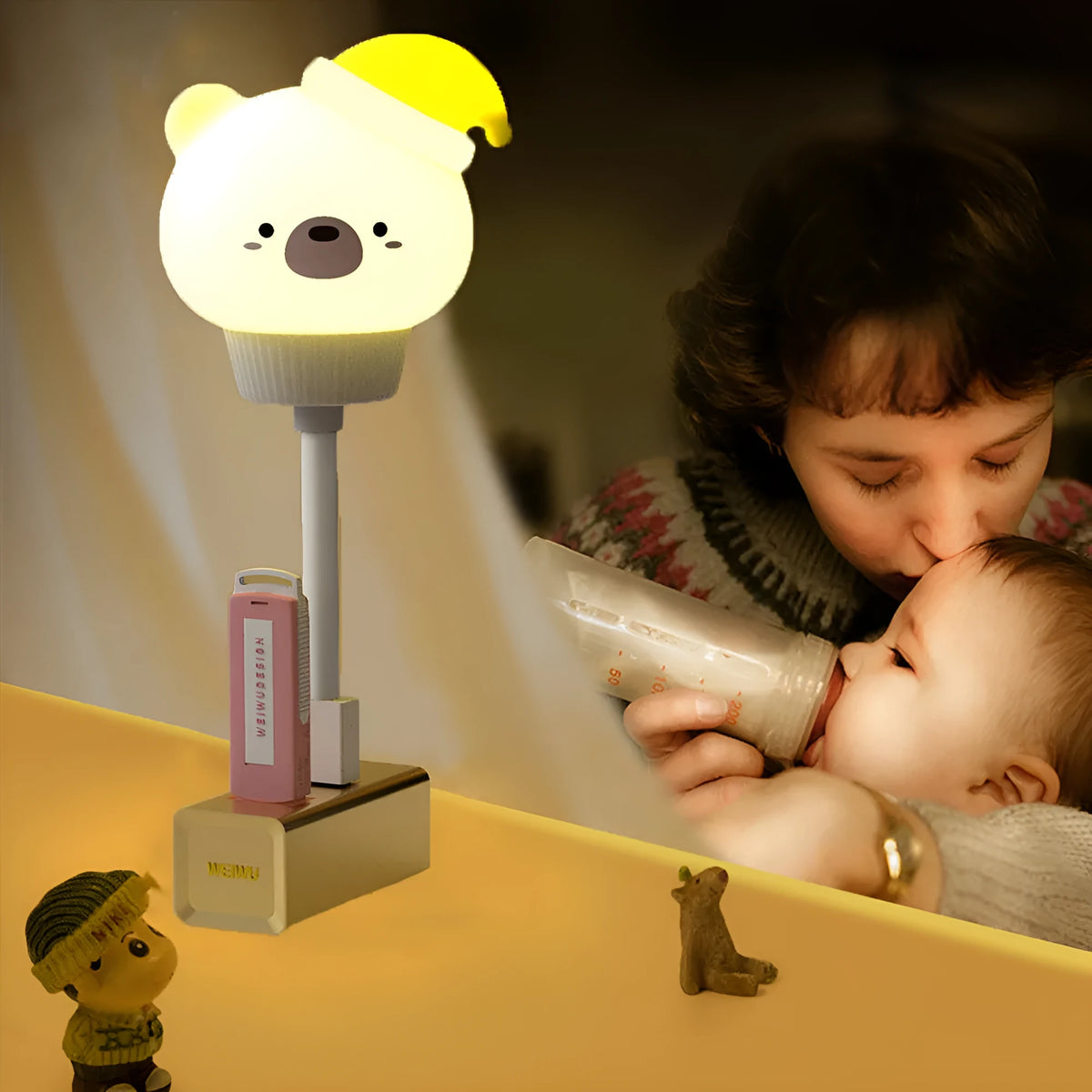 Cartoon animal USB night light in bear shape with remote control on a bedside table
