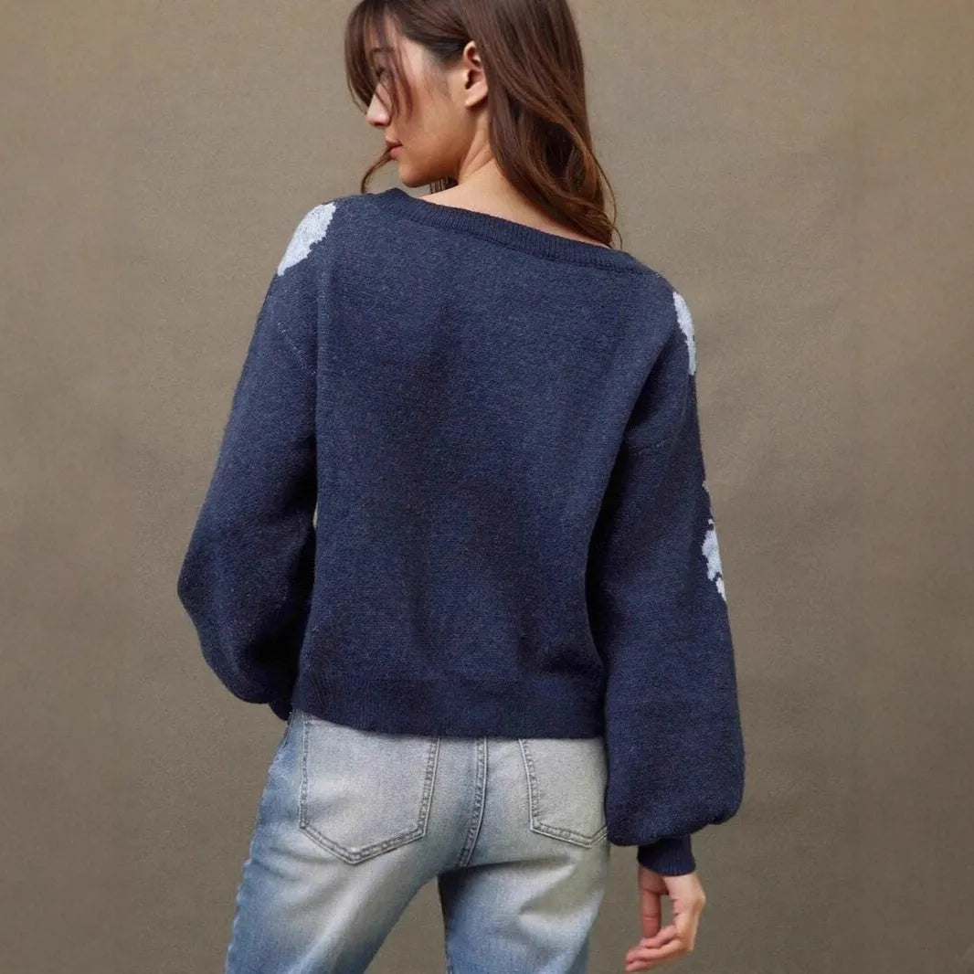 Sapphire blue women's pullover with flower jacquard pattern and off-neck design