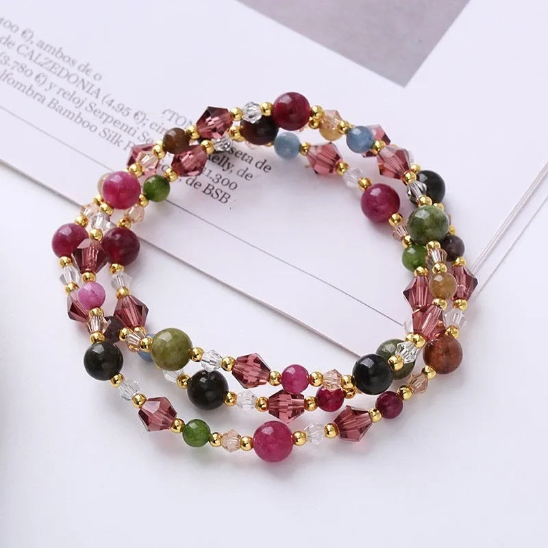 Crystal beaded three-ring bracelet with adjustable 51-52cm length in tourmaline, strawberry quartz or amethyst colours
