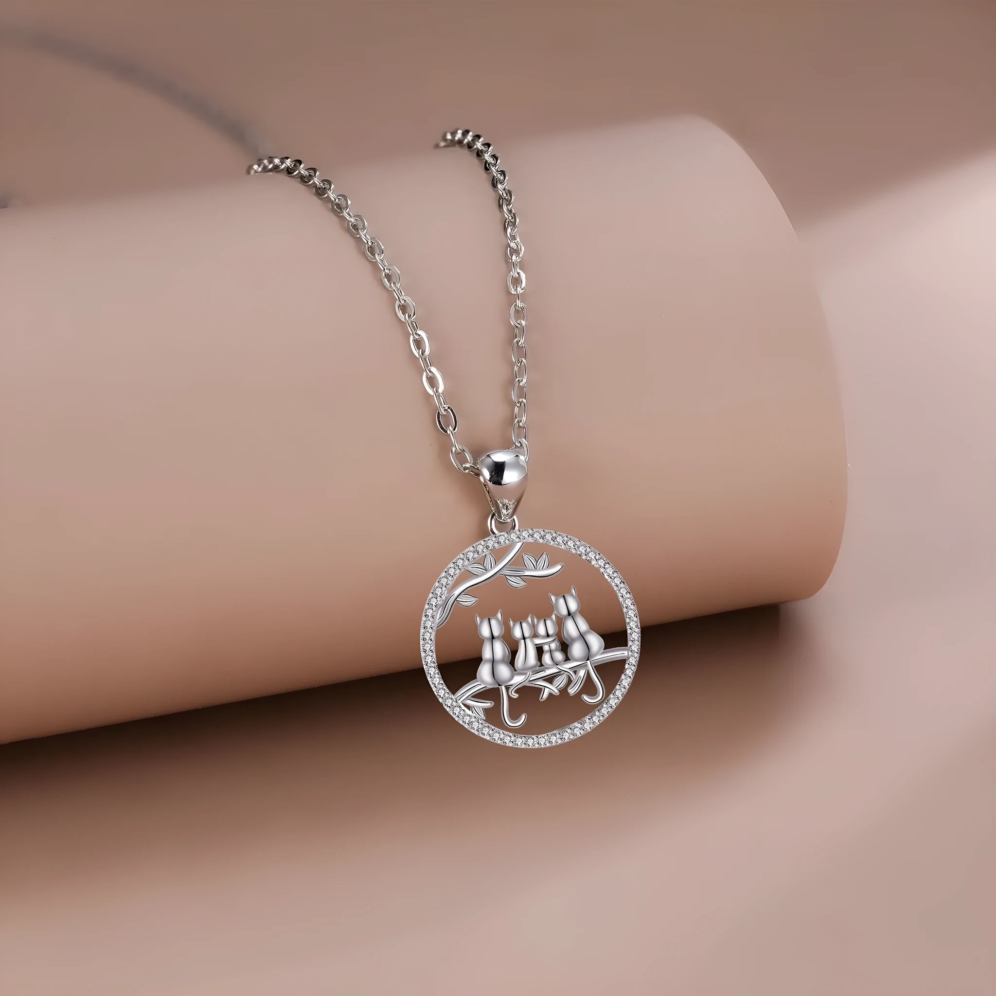 Original design four kitten copper pendant necklace with a cross chain style.