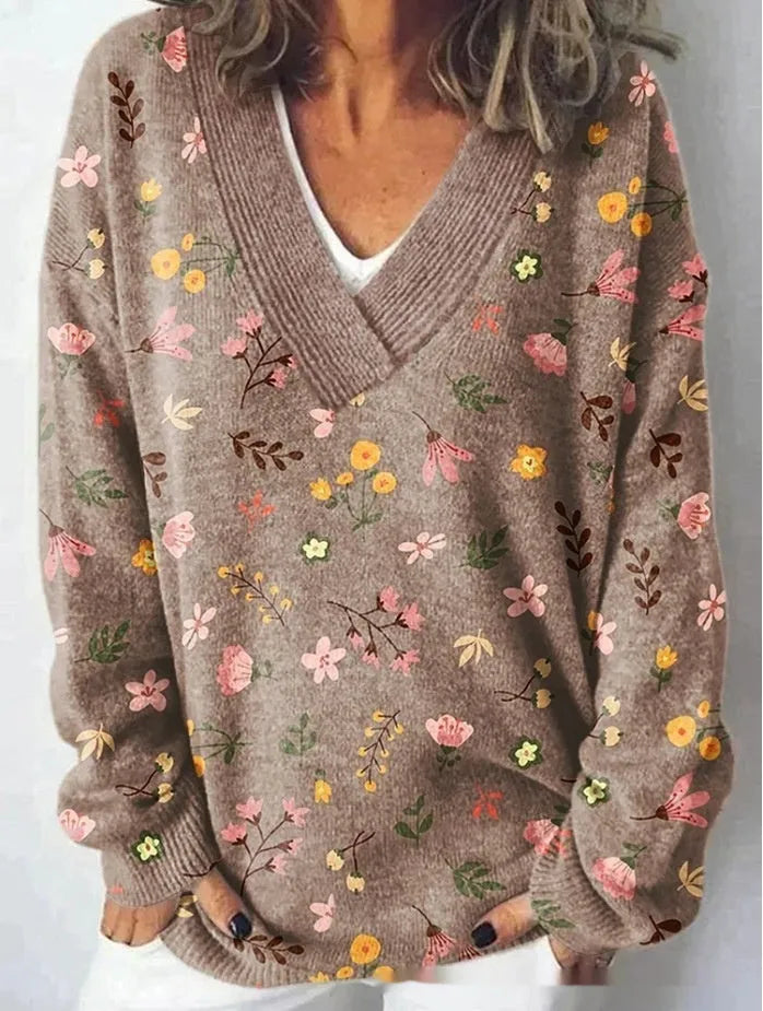 Women's V-neck long sleeve sweatshirt with a raised 3D floral pattern in an art retro style.