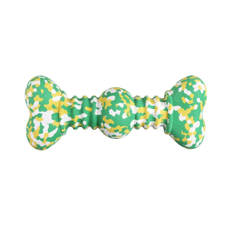Natural rubber dog chew toy with camouflage pattern for large breed aggressive chewers in green, white, and yellow colours