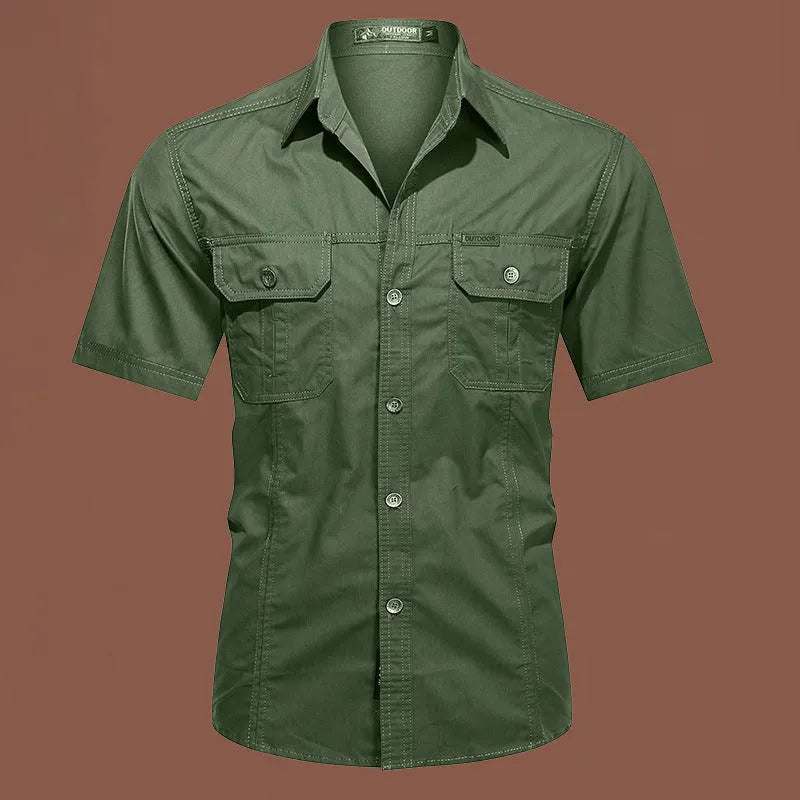Men's short sleeve cotton work shirt in a loose cardigan style, shown in various colours including army green and blue.