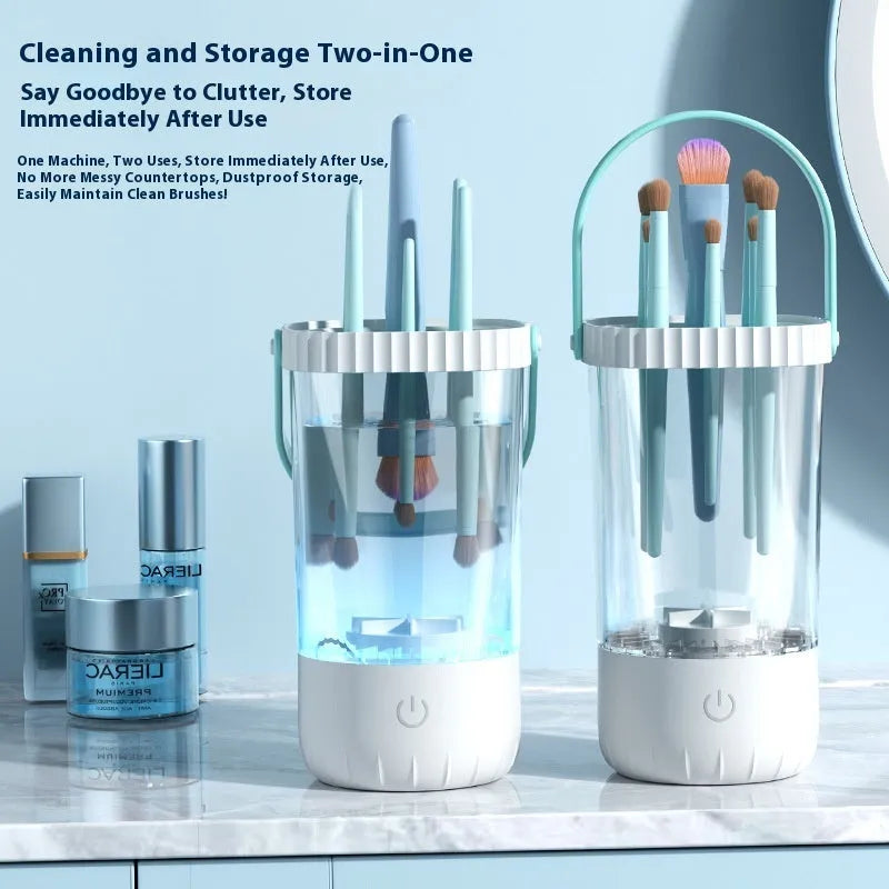 White rechargeable electric makeup brush cleaning device with USB cable