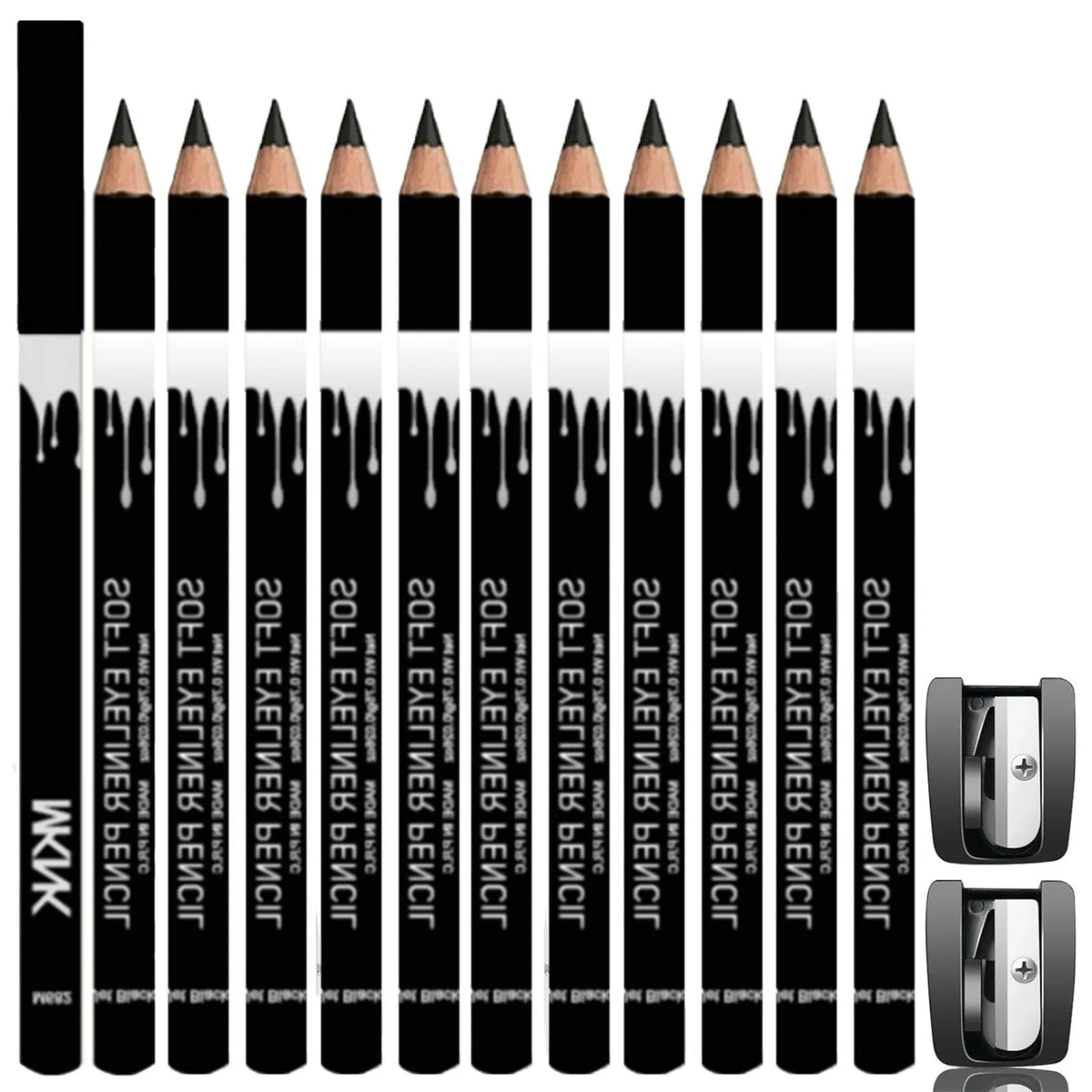 12 white and black retractable makeup pencils with a sharpener on a pink background