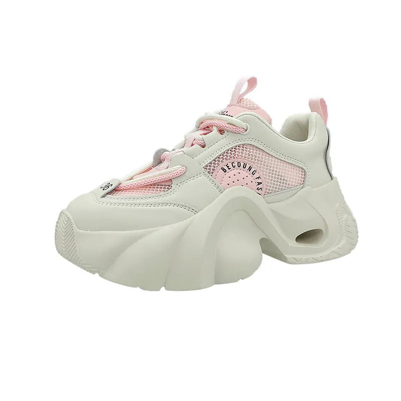Women's beige thick bottom sneakers with cross straps and 3-5CM mid heel