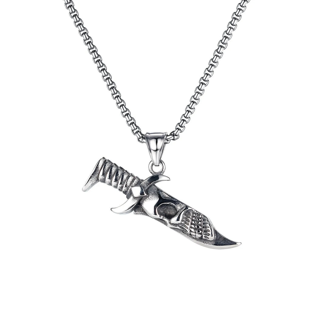 Men's silver alloy necklace with six pendant design options including skull, dagger, and Hot Wheels motifs