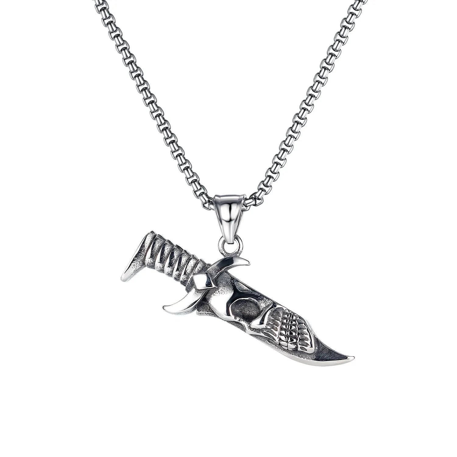 Men's silver alloy necklace with six pendant design options including skull, dagger, and Hot Wheels motifs