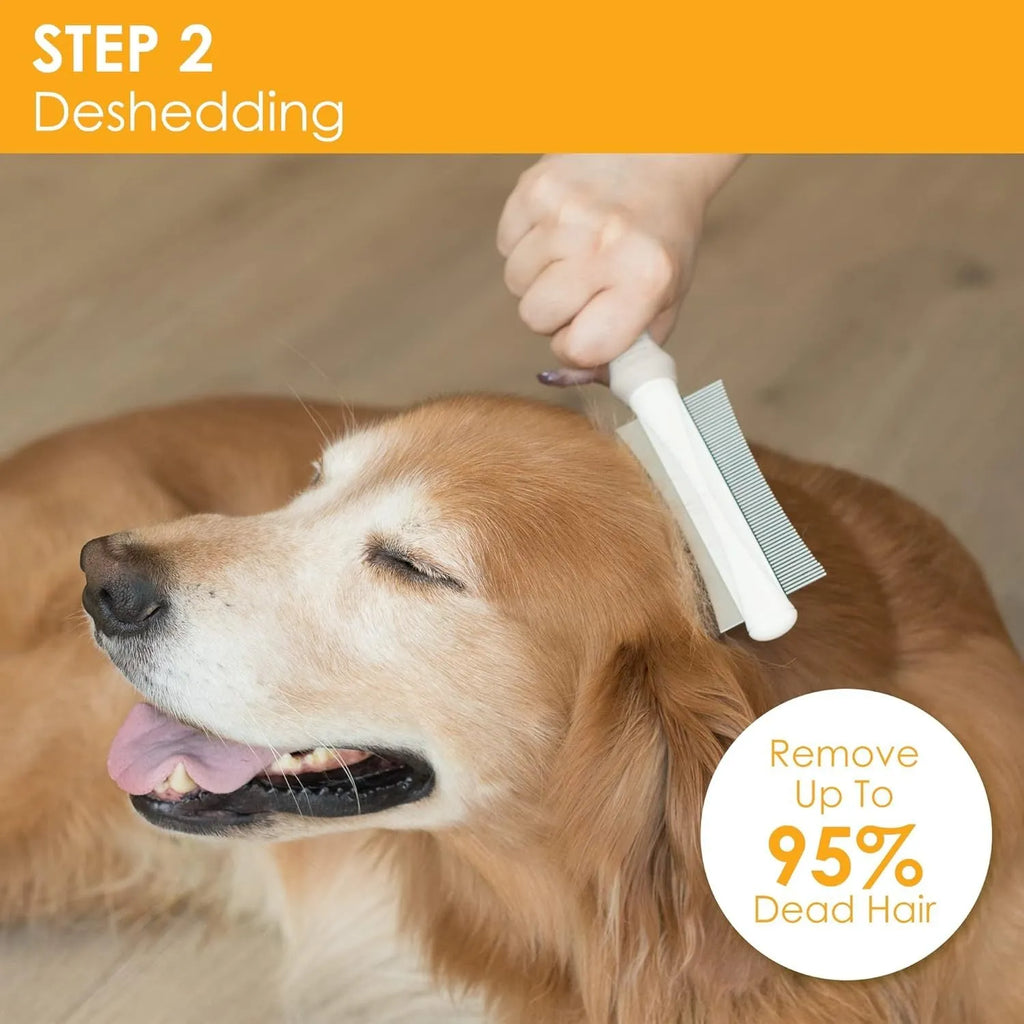 White double-sided dog and cat brush showing grooming comb and deshedding brush sides on a 230mm handle.