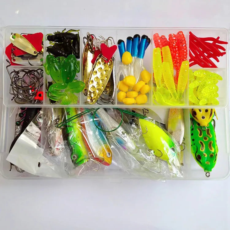 142-piece fishing lure kit showing hard minnow lures with sequins, metal fishing pliers, and various bait designs
